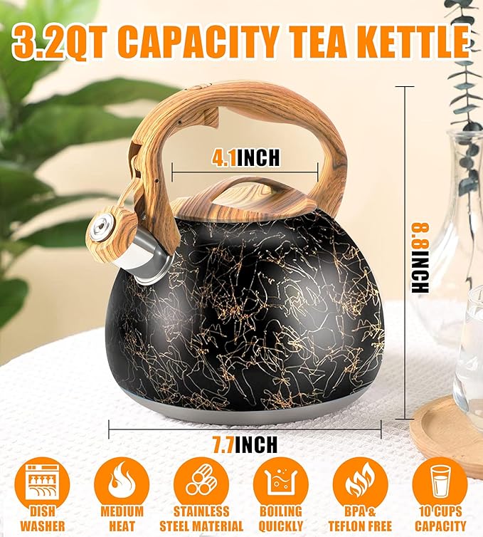 3.2Qt Whistling Tea Kettle for Stove Top, Food Grade Stainless Steel Wood Handle Teapot, Durable for Brewing Coffee, Tea, Milk, Suitable for All Heat Sources (Golden line)