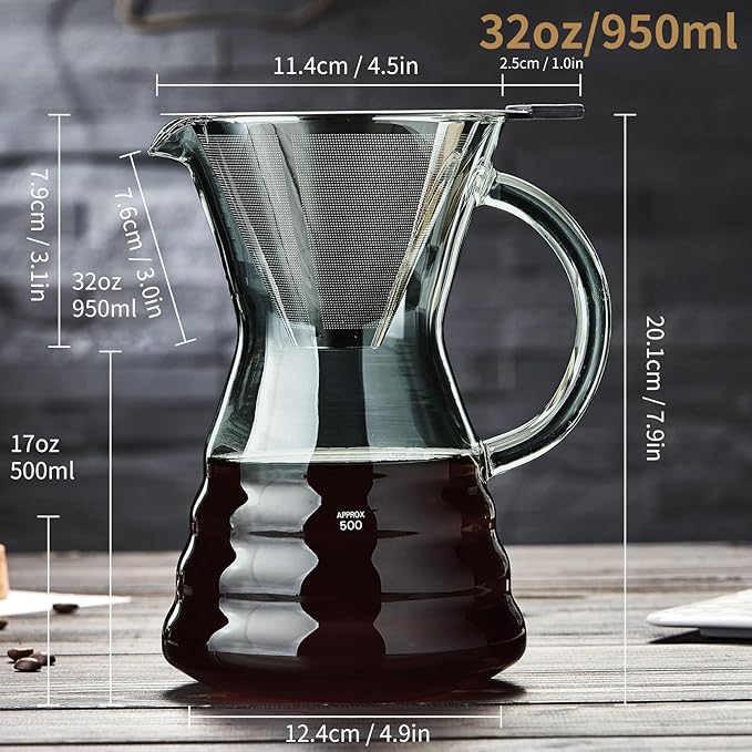 Unbreakable - Pour Over Coffee Maker with Permanent Stainless Filter 27 fl oz, Thickened Heat-Resistant Borosilicate Glass Dripper Coffee Brewer, Stovetop Safe, Ink