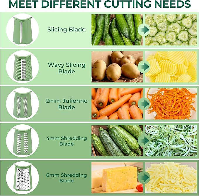 SUSTEAS Rotary Cheese Grater with Handle,Vegetable Slicer with 6 Interchangeable Blades, Reinforced Suction,Easy to Clean,Kitchen Chopper for Crushed Ice,Fruits and Nuts with Blade Storage Case,Green