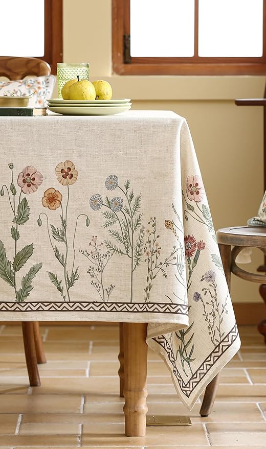 ISAENNE Designer Off White Linen Long Rectangle Tablecloth,Floral Elegant Table Cloth,Stain Resistant Vintage Decor Tablecloths for Dining Thanksgiving Kitchen Christmas,63"*102"-Serenity G