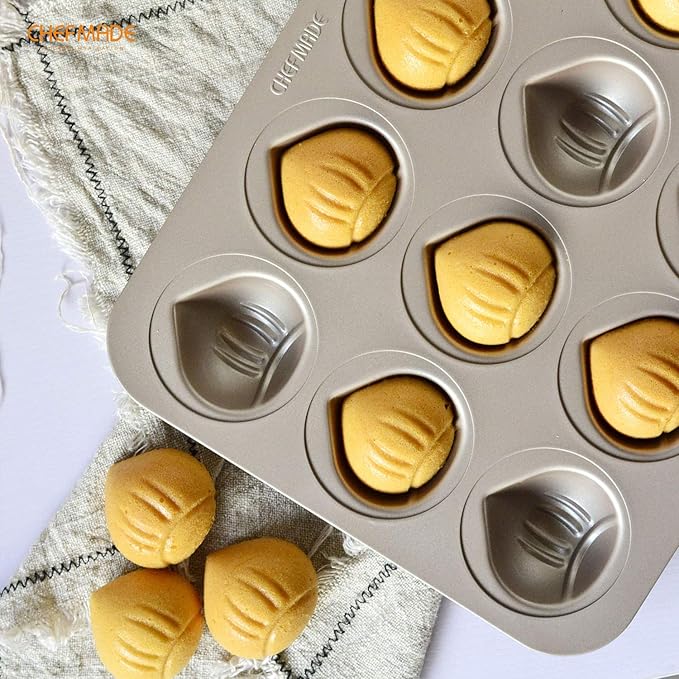 CHEFMADE Muffin Cake pan, 12-Cavity Non-Stick Chestnut-Shaped Bakeware for Oven Baking (Champagne Gold)