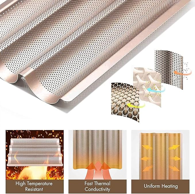 Baguette Pans for Baking 15" x 11", Carbon Steel 3 Loaf Nonstick Baguette Baking Tray for French & Italian Perforated French Bread Pan