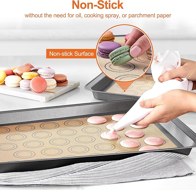 HOOMIL Macaron Silicone Baking Mats 2-Pack, 15" x 10" Jelly Roll Pan Size Macaron Silicone Mat, Non-Stick, Reusable, Food Safe Baking Mat - Brown+Gray
