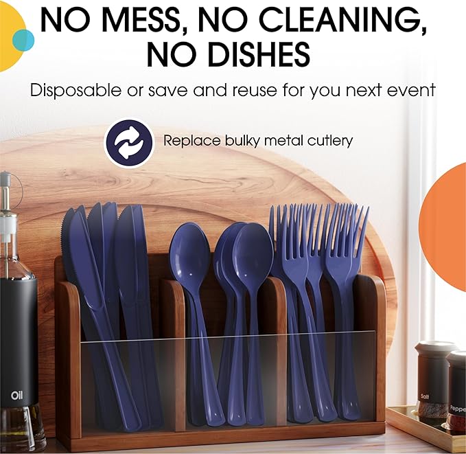Party Solids Navy Plastic Silverware Heavy Duty 300 Pieces Navy Plastic Cutlery Sets, Utensil Sets, 100 Of Each Forks, Knives & Spoons Disposable Cutlery Set, Flatware Set For Party Supplies