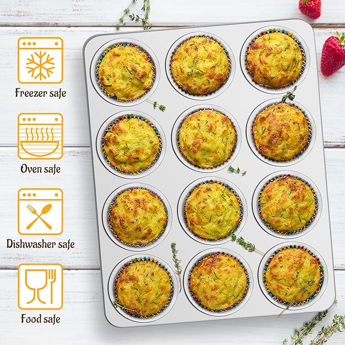 E-far 12-Cup Muffin Pan Set of 3, Stainless Steel Cupcake Pan Tins, Non-Toxic Metal Cupcake Tray for Baking Small Muffin Cakes, Heavy Duty & Regular Size, Rust Free & Dishwasher Safe