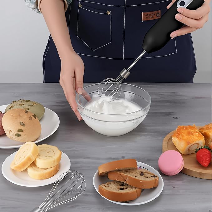Electric Hand Mixer Whisk| Wireless Rechargeable Handheld Egg Beater with 2 Stainless Steel Mixing Heads | Portable Kitchen Aid Hand Mixer for Egg, Milkshake Cream, Cake, Baking & Cooking-Black