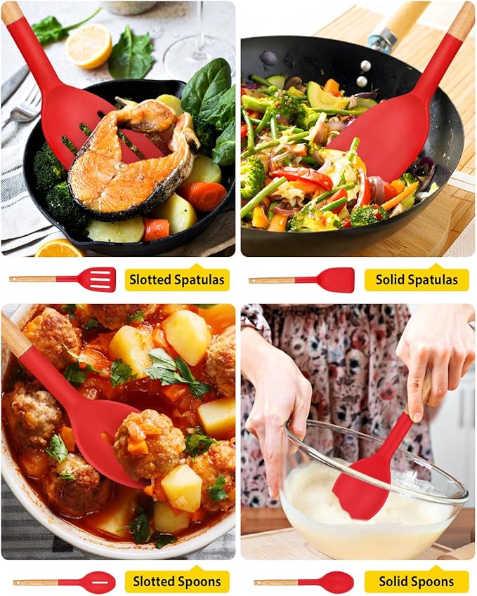 Pack of 4 Silicone Cooking Utensils Set, Non Stick Solid Spatulas and Heat Resistant Slotted Spoons with Wooden Handle, Ideal Wood Kitchen Utensils Set for Frying,Serving,Turning,Stirring (RED)