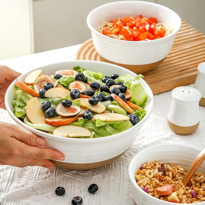 Ceramic Bowls Set, Large Mixing Bowls Set of 3 for Cooking, Baking, Prepping, Nesting, Stoneware Serving Bread Bowls for Kitchen, 2.1/1.0/0.5 Qt, Oven, Dishwasher, Microwave Safe, White