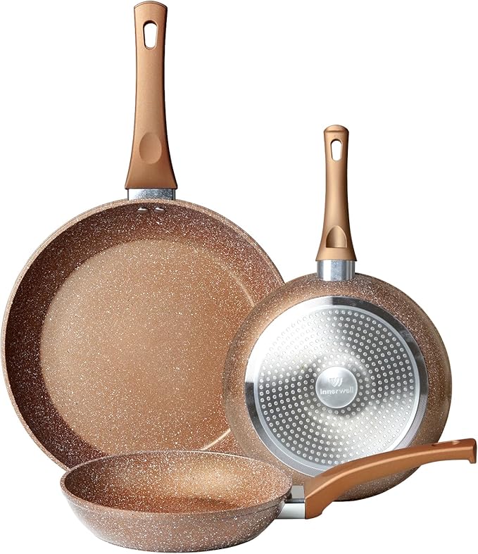 Innerwell Nonstick Frying Pan Set, Set of 3 Non Stick Frying Pans, Gold Granite Induction Cookware, 8inch&9.5inch&11inch Skillet Omelette Egg Frying Pan Set, kitchen Cooking Pan Set, PFOA&PFAS Free