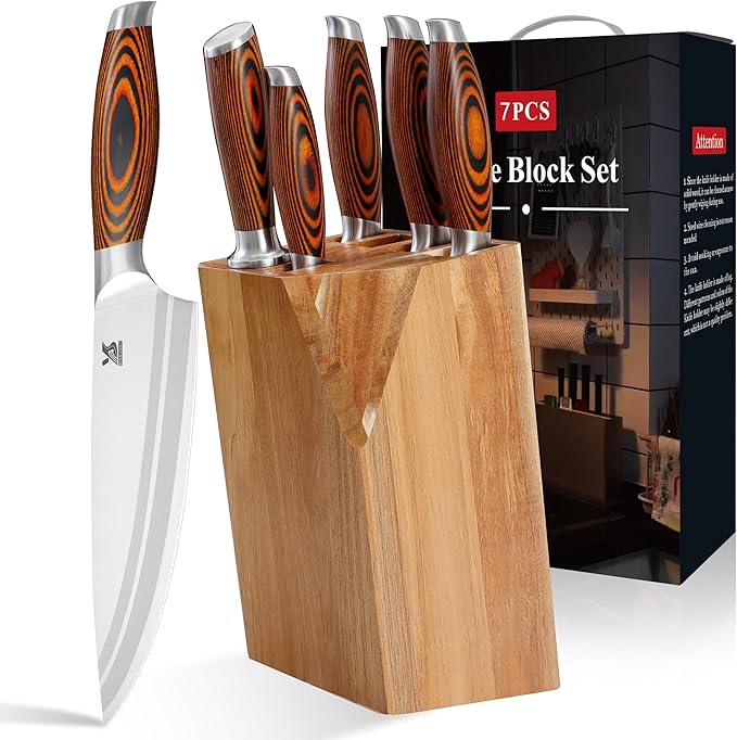 MSY BIGSUNNY 7pcs Knife Block Set, German Steel Chef Knife Set, Precious Pakkawood Handle for Kitchen Knife Block Set
