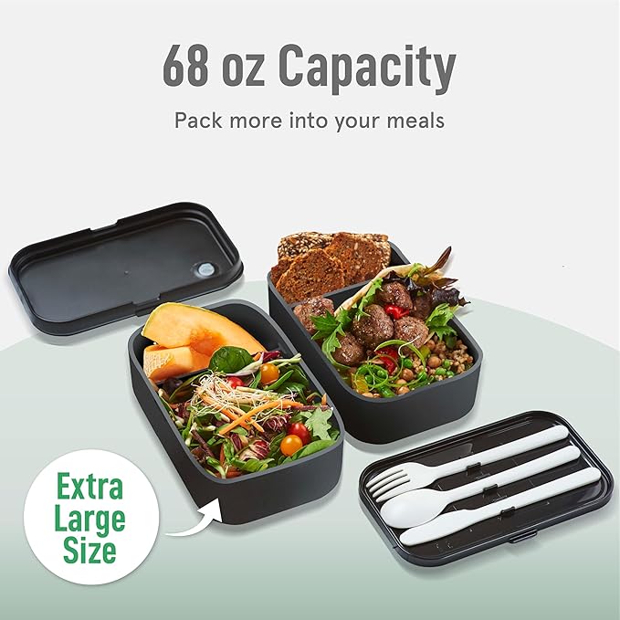 Double Premium Bento Box Adult, 67 fl oz BPA-Free - Black Stackable Lunch Box with Leak-Proof Lids & Dividers, Perfect for Meal Prep, Lunches & Portion Control
