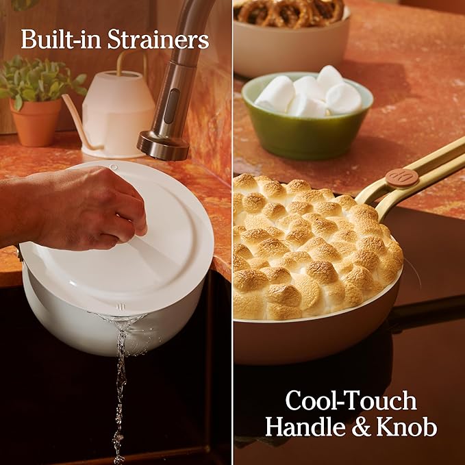 Our Place 11-Piece Essentials Complete Cookware Set - Ceramic Fry Pan, Saucepan, Sauté Pan, Stock Pot, Strainer Basket & Rack Storage | Thermakind™ Nonstick, Oven Safe up to 450°F | Blue Salt