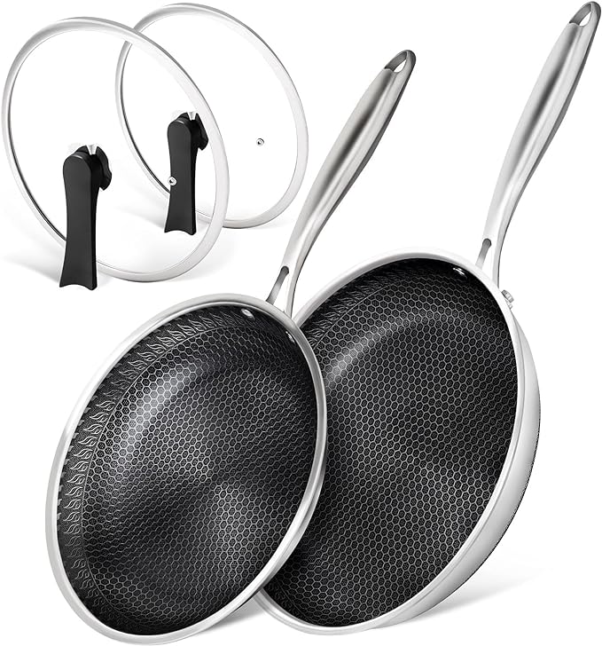 MICHELNAGELO Nonstick Frying Pans Set, Stainless Steel Frying Pan with Lid, 10 & 12 Inch Stainless Steel Pans with Honeycomb Coating, Large Frying Pan, Nonstick Skillet Induction Compatible