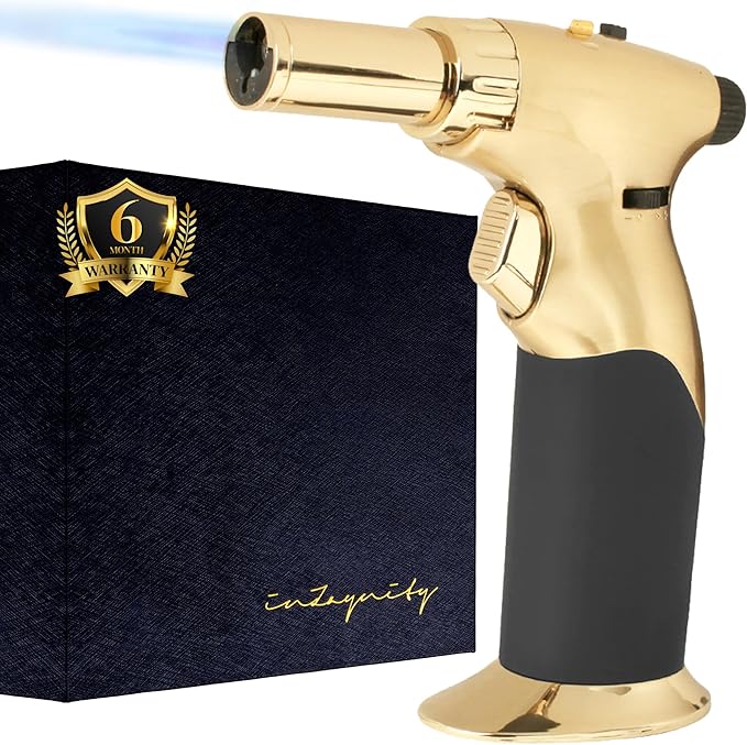 Dual Flame Butane Torch Gun - Refillable Luxury Hand Held Mini Blow Torch for Cooking, Creme Brulee, Soldering, Welding, & Resin Art - Adjustable Flame with Ignition Lock - Gold Black by inZaynity