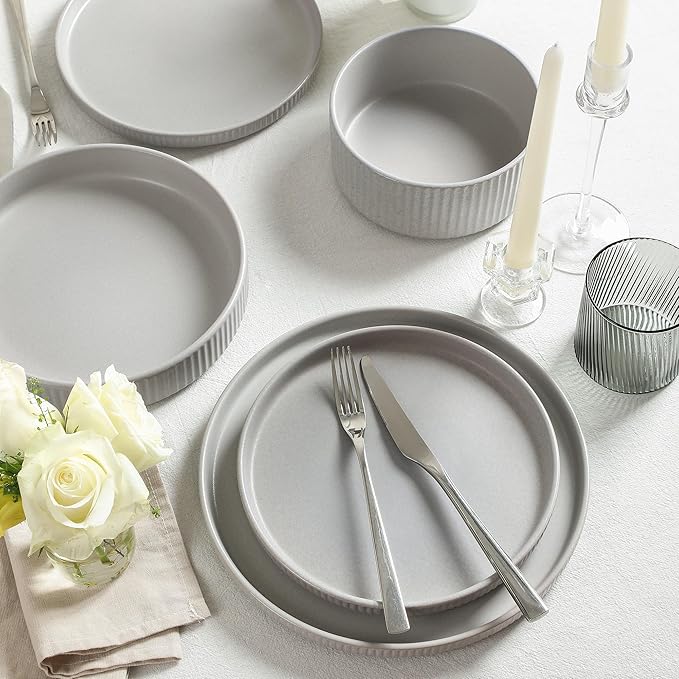 Stone Lain Haven Stoneware 32-Piece Dinnerware Set, Plates and Bowls Sets for 8, Grey Dish Set, Includes Dinner and Salad Plates, Cereal Bowls, Glassware, Microwave & Dishwasher Safe