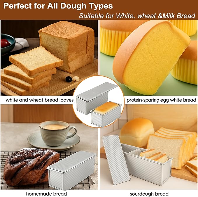 2-Pack Pullman Loaf Pan with Lid –Includes Two Size 13 * 5" & 8.4 * 4.8" Loaf Pan, Silver Textured Finish, Vented Bottom, Nonstick Bread Pan Set, Ideal for Sandwich Bread, Toast, Sourdough