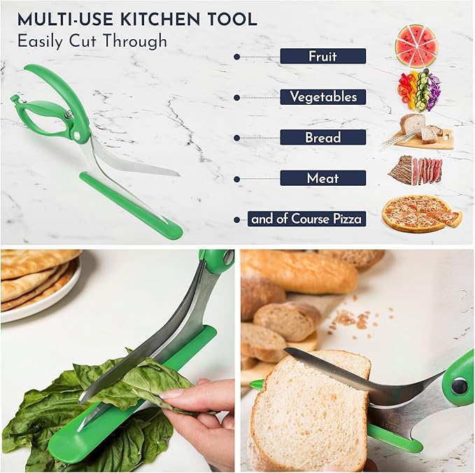 Loftern Green Pizza Scissors - Non-Stick Pizza Scissors with Firm Grip Base - Food Grade Stainless Steel Pizza Cutter - 5-in-1 Food Slicer & Pizza Server - Durable, Safe & Mess Free