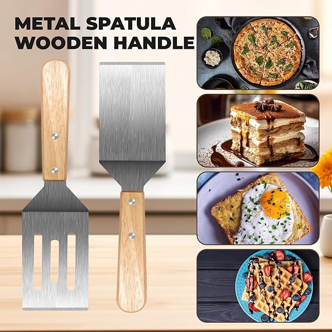 Stainless Steel Spatula Set, Metal Spatula for Cast Iron Skillet, Metal Spatulas for Kitchen Use with Wooden Handle, Ideal for Frying Steak, Pancake, Cookie, Burger, Brownie or Desserts