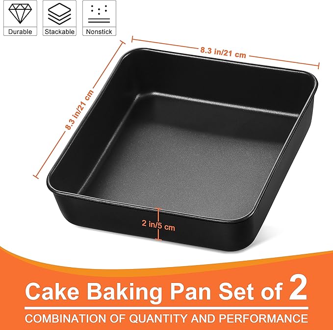 Herogo 8 x 8 Baking Pan Set of 2, Non-Stick Square Cake Pan for Oven, Stainless Steel Black Lasagna Brownies Casseroles Cakes Bakeware, Oven safe