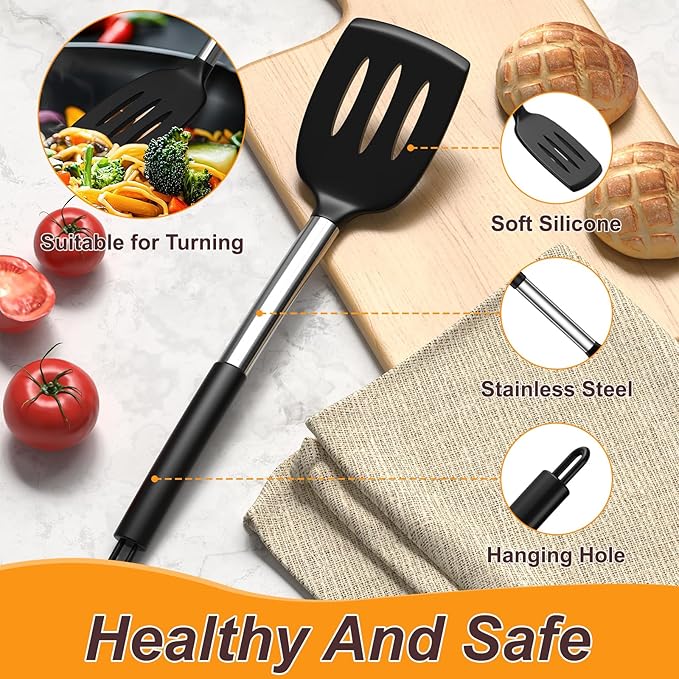 Yoehka Silicone Cooking Utensils Set for Nonstick Cookware, 4Pcs Heat Resistant Kitchen Silicone Spatula and Spoon Set with Stainless Steel Handle, Mixing, Flipping, Turning, Stirring, Black
