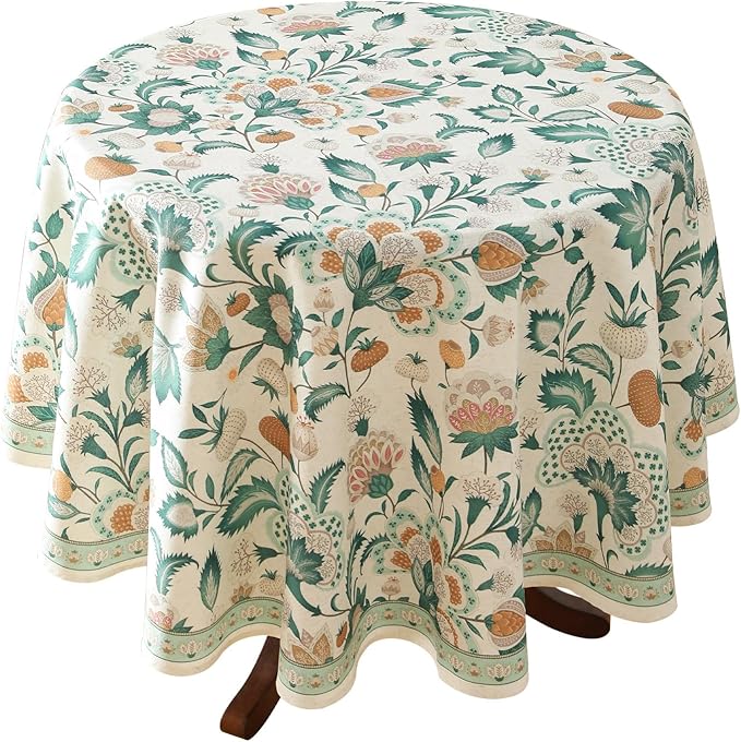 patdrea Designer Small Vintage Green Round Table Cloth,French Floral Country Linen Durable Tablecloth,Wrinkle Free Cover for Kitchen Dining,Christmas,Thanksgiving,Diameter 55"-Tree Life