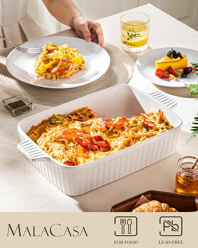 MALACASA 4.4 QT Baking Dish, 9x13 Large Casserole Dish for Oven, Ceramic Baking Pan, Rectangular Lasagna Pan Deep with Handles for Baking, Durable Microwave Oven Safe, Wedding Gift,White, Series BAKE-BAKE