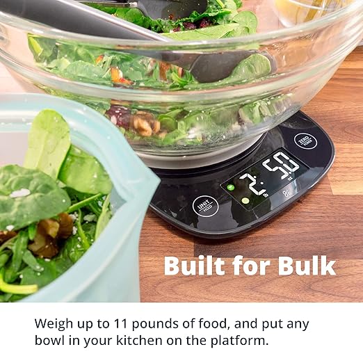 Greater Goods Digital Food Scale with Bowl, 11lb to 5kg Capacity, Grams and Ounces, Tare Function, 4 Units for Baking, Meal Prep, Weight Loss, Stainless Steel
