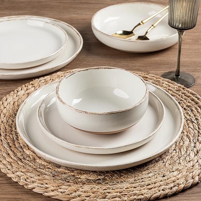 AmorArc Ceramic Dinnerware Sets for 4, 12 Pieces Handpainted Plates and Bowls Set with Rustic Terracotta Underside, Scratch Resistant Stoneware Dishes Set, Dishwasher & Microwave Safe, Beige
