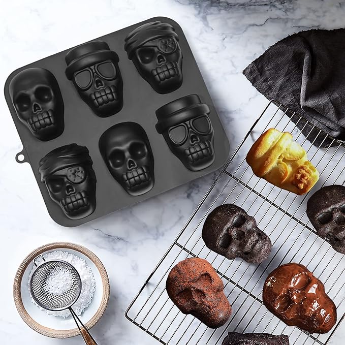 FreeNFond Halloween Baking Skull Cake Pan Molds, Silicone Pirate Cakelet Tin