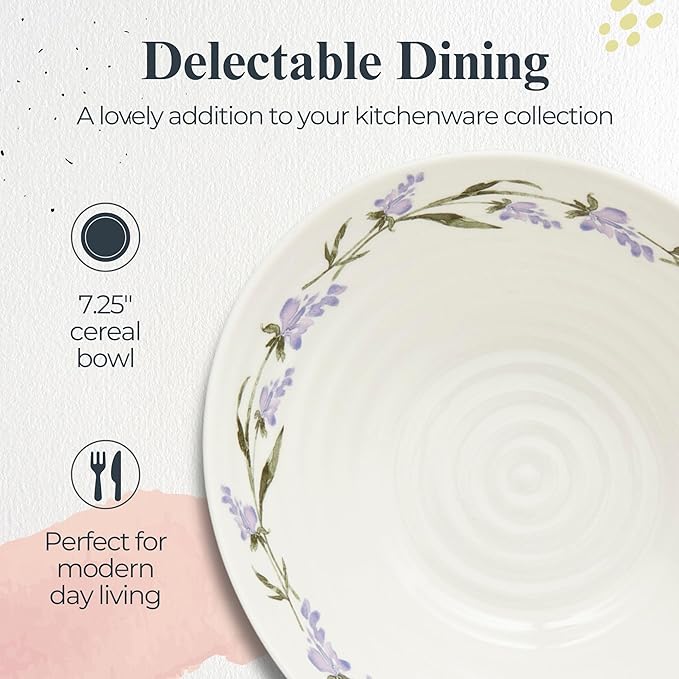 Portmeirion Sophie Conran Lavandula Cereal Bowl - 7.5 Inch Porcelain Soup & Ice Cream Bowls with Lavender Spring Design, Ripple Texture, Freezer to Oven Safe Dinnerware Collection