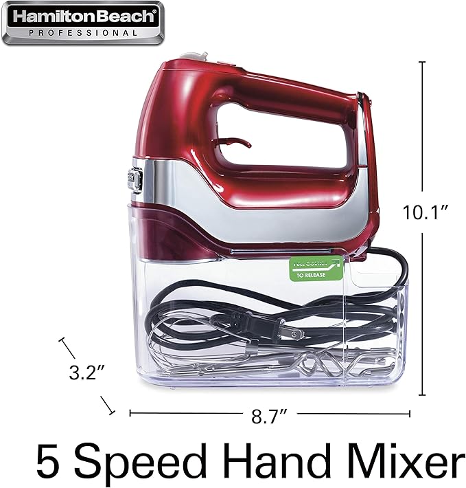 Hamilton Beach Professional 5-Speed Electric Hand Mixer with High-Performance DC Motor, Slow Start, Snap-On Storage Case, Stainless Steel Beaters, Dough Hooks & Whisk, Red and Chrome (62653)