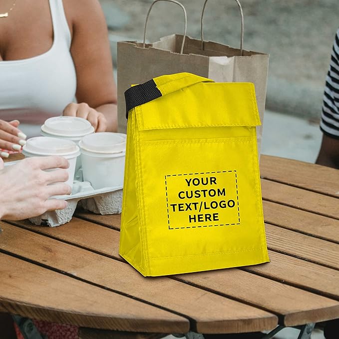 DISCOUNT PROMOS 100 Hook and Loop Insulated Lunch Bags Set - Customizable Text, Logo - Polyester, Durable, Vibrant, Reusable - Yellow