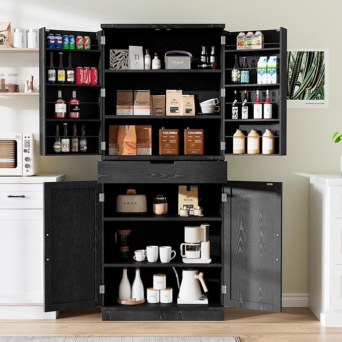 72" Tall Storage Cabinet, Kitchen Pantry Cabinet with Adjustable Shelves & Sturdy Steel Frame, Farmhouse Pantry Storage with 4 Barn Doors for Kitchen, Dining Room, and Living Room, Black