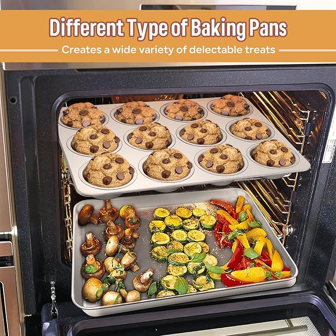 E-far 10-Piece Baking Pans set, Stainless Steel Bakeware Set for Oven, Include Cake Pan/Baking Cookie Sheet/Pizza/Muffin/Loaf Pan, Non-Toxic & Heavy Duty, Dishwasher Safe