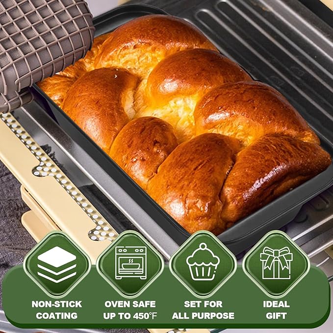 EWFEN Bakeware Sets, Baking Pans Set, Nonstick Oven Pan for Kitchen with Wider Grips, 7-Piece with Round/Square Cake Pan, Loaf Pan, Muffin Pan, Cookie Sheet, Roast Pan, Cooling Rack, Carbon Steel Bake