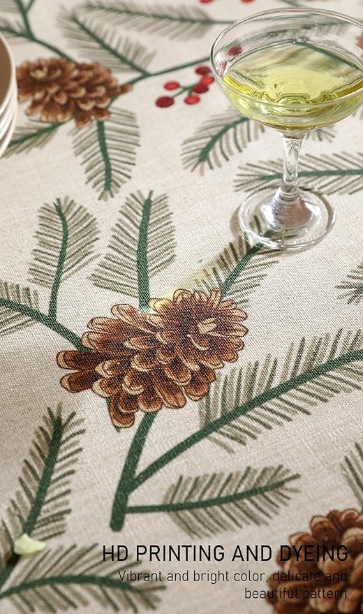 ISAENNE Designer Christmas Beige Linen Small Rectangular Tablecloth,Pinecones Pattern Indoor Tablecloths,Washable Decor Table Cloth for Dining Thanksgiving Kitchen Christmas,55"*71"-Carol B