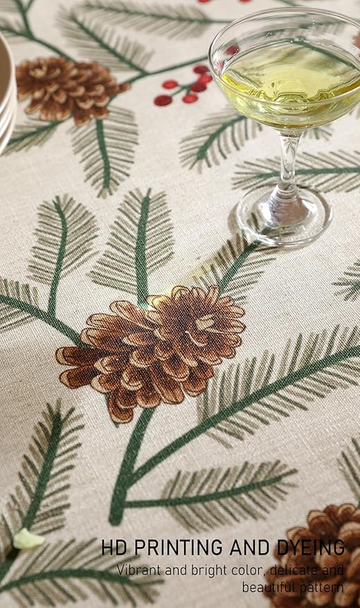 ISAENNE Designer Christmas Beige Linen Table Cloth for Rectangle Table,Pinecones Pattern Indoor Tablecloths,Washable Decor Tablecloth for Dining Thanksgiving Kitchen Christmas,55"*79"-Carol B