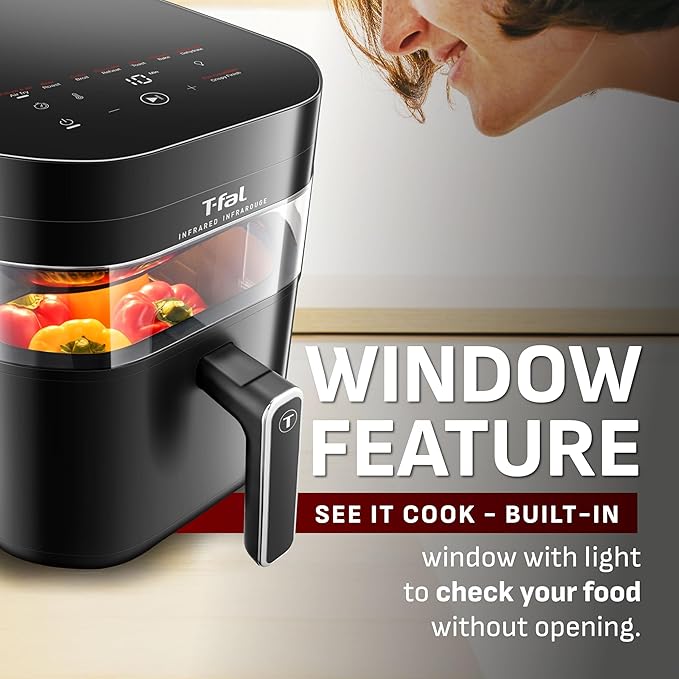 T-fal Infrared Air Fryer, 2x Faster Than Traditional Heating*, Large Air Fryer Dehydrator Combo, 8 Cooking Functions, Window With Light, No-Shake Technology, Dishwasher Safe, 1800W, Black
