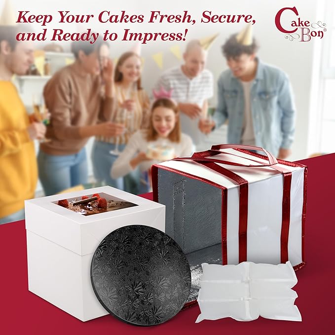 Cakebon Cake Box and Boards, 8-Inch Round Black Wrapped Edges 1/2- Inch Thick Drums with Insulated Bag and Ice Pack – Cake Transport Set, Cooler for Cake Delivery and Transport (1pc Each, 4pcs Total)