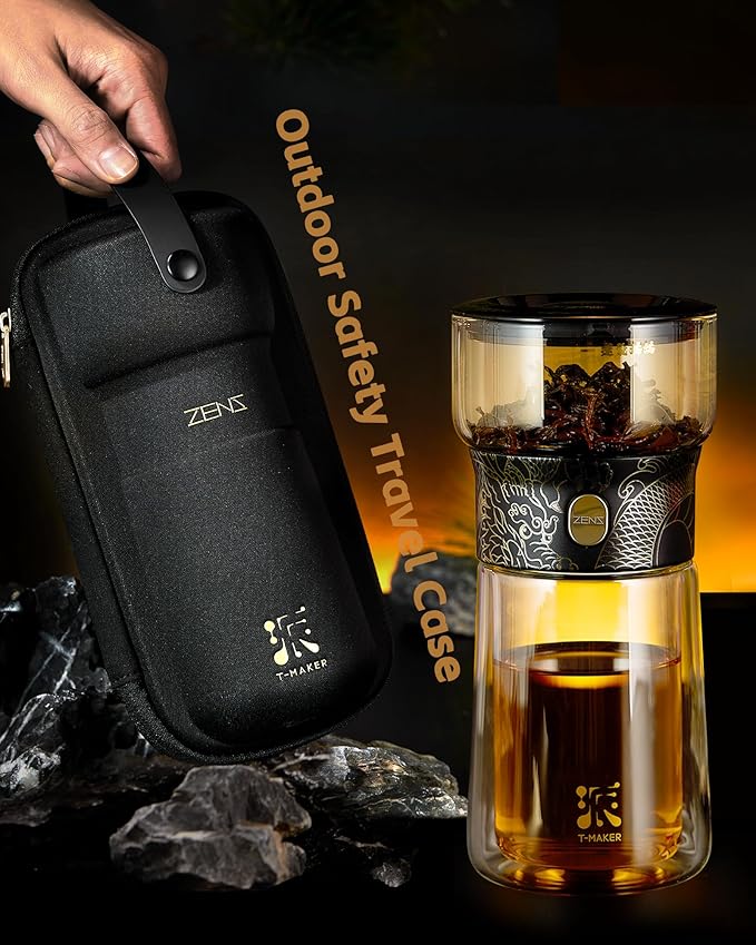 ZENS Cool Glass Teapot with Infuser, Smart One Touch Tea Maker for Loose Tea Diffusers with Insulated Mug and Portable Tea Kits, Enchanted Teapot Alternatives for Tea Lover Gifts