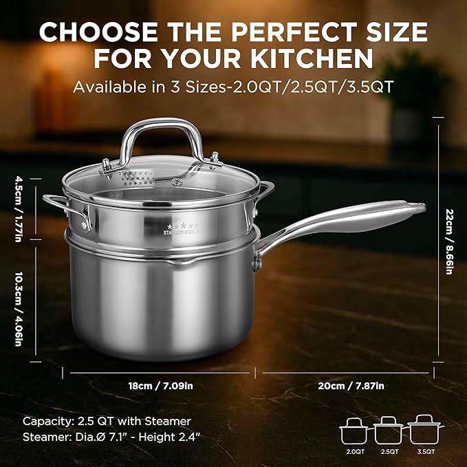 Tri-Ply Stainless Steel Sauce Pan with Steamer Basket & Straining Glass Lid— 2-in-1 Multi-Function Pot for Steaming, Boiling & Simmering — Healthy, Durable, Rust-Resistant, Professional-Grade Cookware