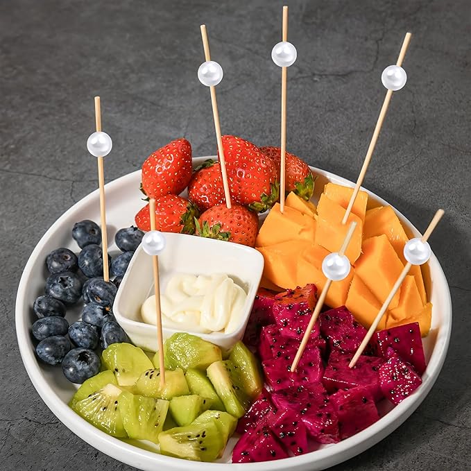 300Pcs Fancy Toothpicks for Appetizers,4.7Inch White Pearl Cocktail Picks For Drinks,Bamboo Appetizer Skewers for Charcuterie Boards Accessories,Martini, Sandwich,Desserts,Fruit