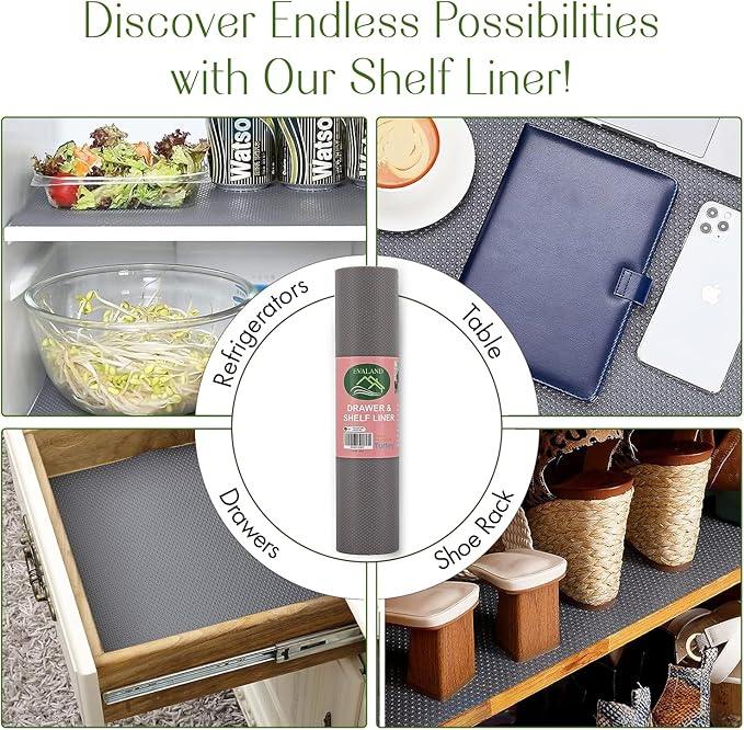 EVALAND 17.7" x 33 FT Non-Slip Shelf Liner, Non-Adhesive, BPA-Free, Waterproof Pantry Liner for Shelves, Easy to Cut, Oil-Proof Shelf Liners for Kitchen, Cabinets, Drawers, Refrigerator, Grey
