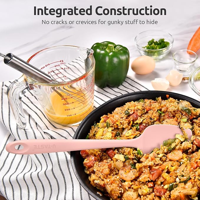 Heat Resistant Silicone Spoon Spatula: U-Taste 600ºF High Heat Flexible 11.38in Silicon Mixing Stirring Cooking Scraping Baking Bowl Scraper, Seamless for Kitchen Nonstick Cookware (‌Pink‌)