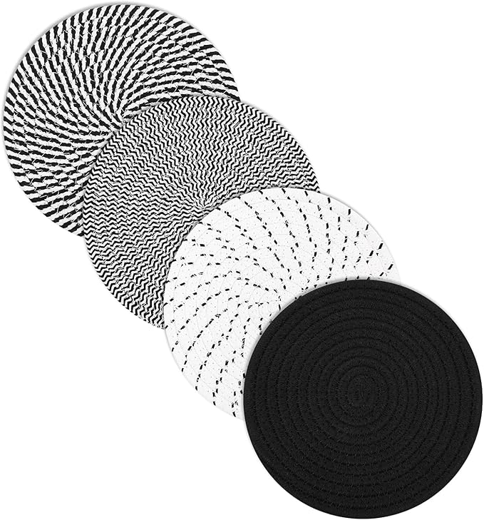 SHACOS 8 Inch Trivets for Hot Dishes, 4 Heat-Resistant Cotton Trivet Mats for Kitchen, Hot Pads for Countertops and Table, Pot Holders for Hot Pots and Pans, Black
