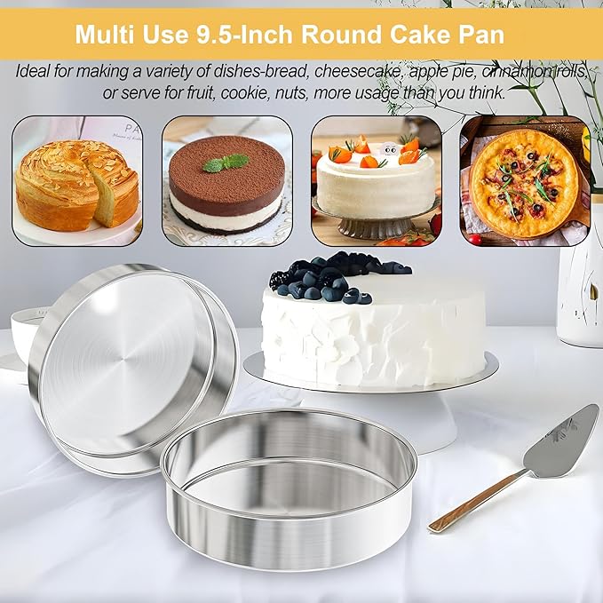 9½ Inch Round Cake Pan Set of 2, Nonstick Circle Stainless Steel Layer Cake Pans 9½ Inch Round with 100PCS Parchment Paper, Baking Pan Set for Birthday Christmas, Silicone Spatula & Dishwasher Safe
