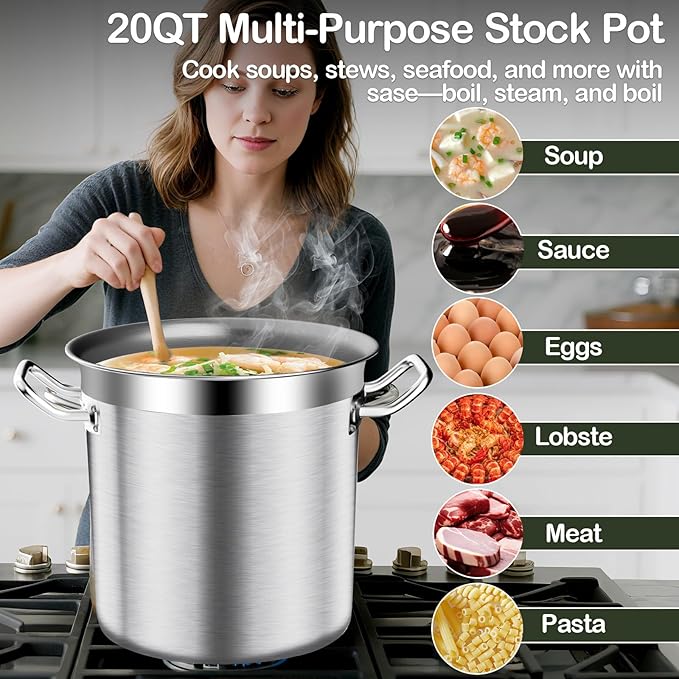 Large Stock Pot-20QT Stainless Steel Stockpot with Lid, Heavy Duty Tri-Ply Bottom Commercial Grade Stock Pot & Stockpots for Boiling Cooking Soup Stew Canning Cooking Pots,Big Stockpot, Deep Cookware