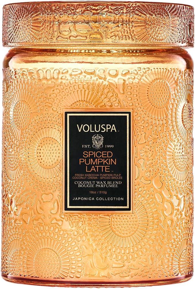 Voluspa Spiced Pumpkin Latte, Large Candle Jar, 18 Ounce, 100 Hour Burn Time, & Coconut Wax for Clean Burning, Handcrafted in the USA
