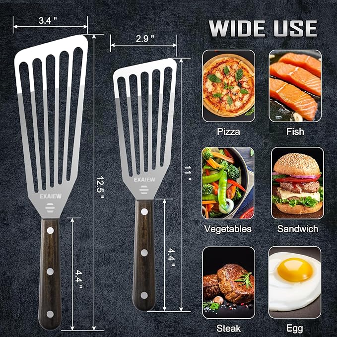 2 Pack Fish Spatula Stainless Steel, Flexible Fish Turner Spatula Perfect for Flipping Eggs, Burgers and Baking, Durable Lightweight Metal Kitchen Slotted Turner for Cooking & BBQ [Wooden Handle]