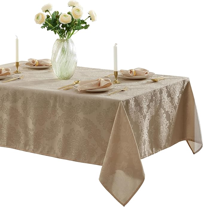 Newbridge Barcelona Luxury Damask Fabric Tablecloth, 70” x 70”, Square, Golden Beige, 100% Polyester, No Iron, Soil Resistant Dining Room, Party and Banquet Table Cover